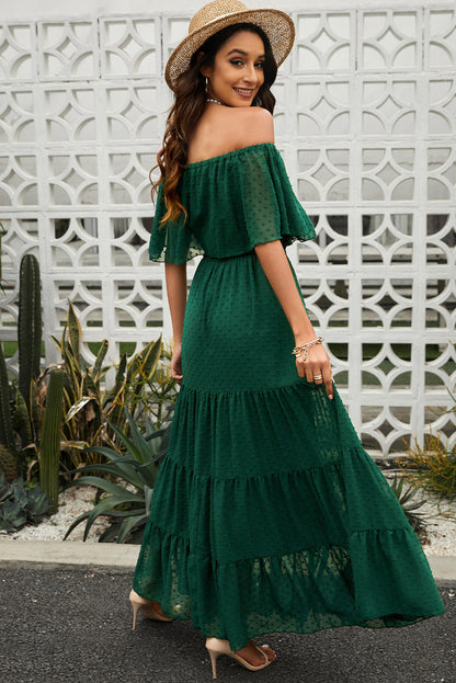 Swiss Dot Off-Shoulder Tiered Maxi Dress-Teresa&#39;s Fashionista LLC