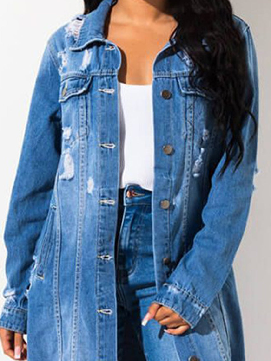 Long Sleeve Raw Hem Denim Jacket-Teresa&#39;s Fashionista LLC