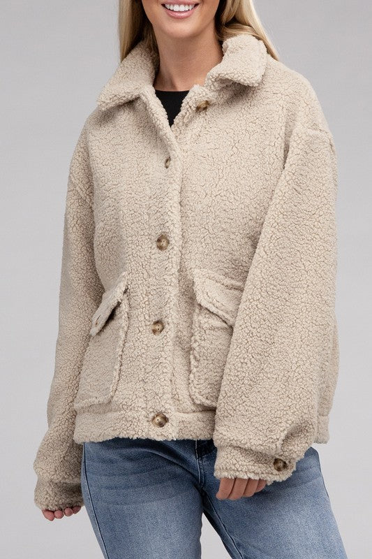 Cozy Sherpa Button-Front Jacket-Teresa&#39;s Fashionista LLC