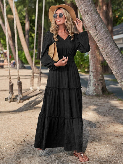 Smocked Waist V-Neck Maxi Dress-Teresa&#39;s Fashionista LLC