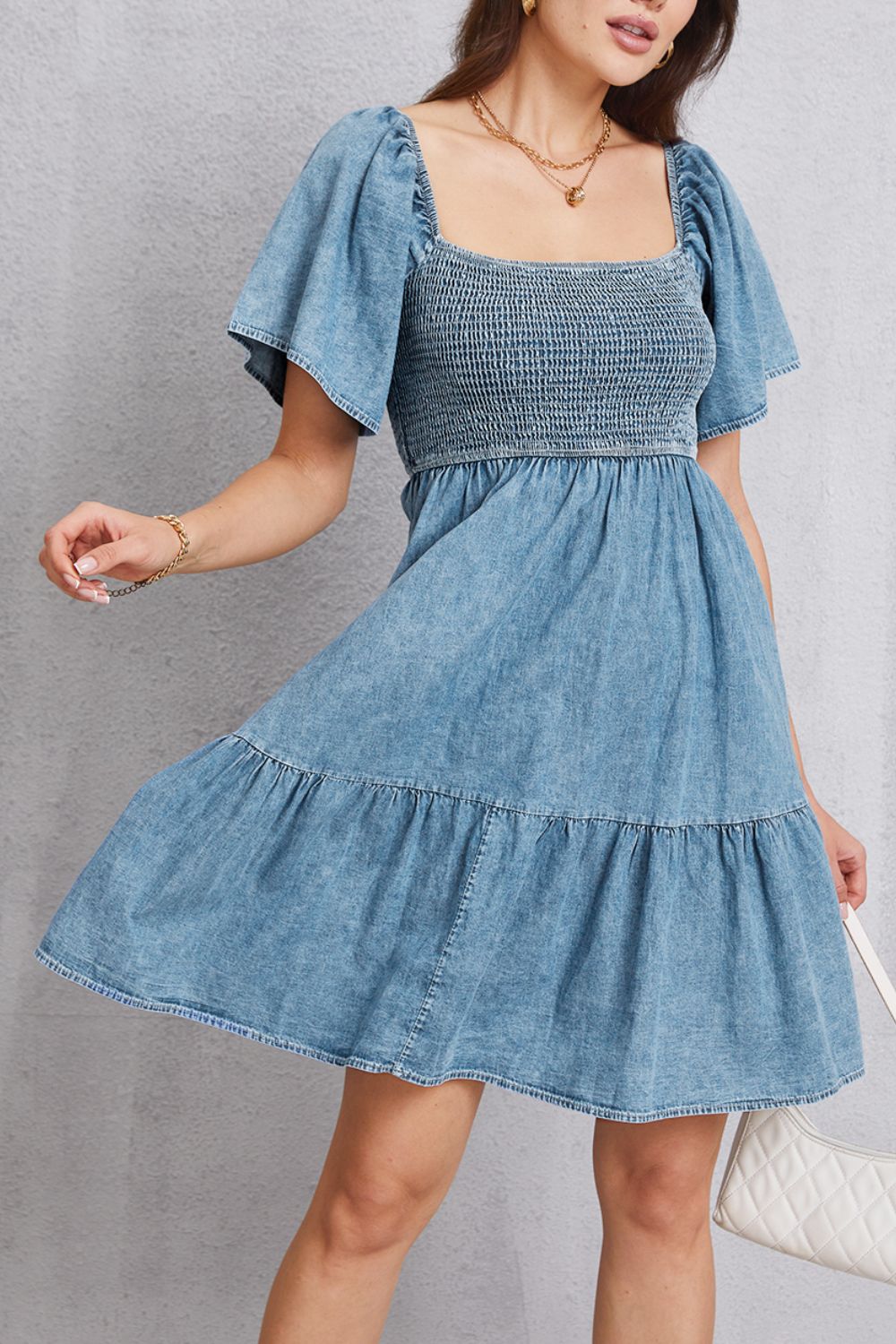 Smocked Square Neck Mini Denim Dress-Teresa&#39;s Fashionista LLC