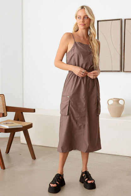 Tasha Apparel Adjustable Strap Waist Drawstring Cargo Midi Dress-Teresa&#39;s Fashionista LLC