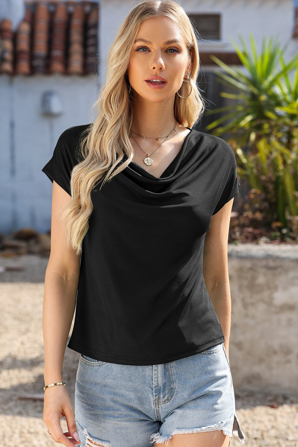 Cowl Neck Short Sleeve T-Shirt-Teresa&#39;s Fashionista LLC