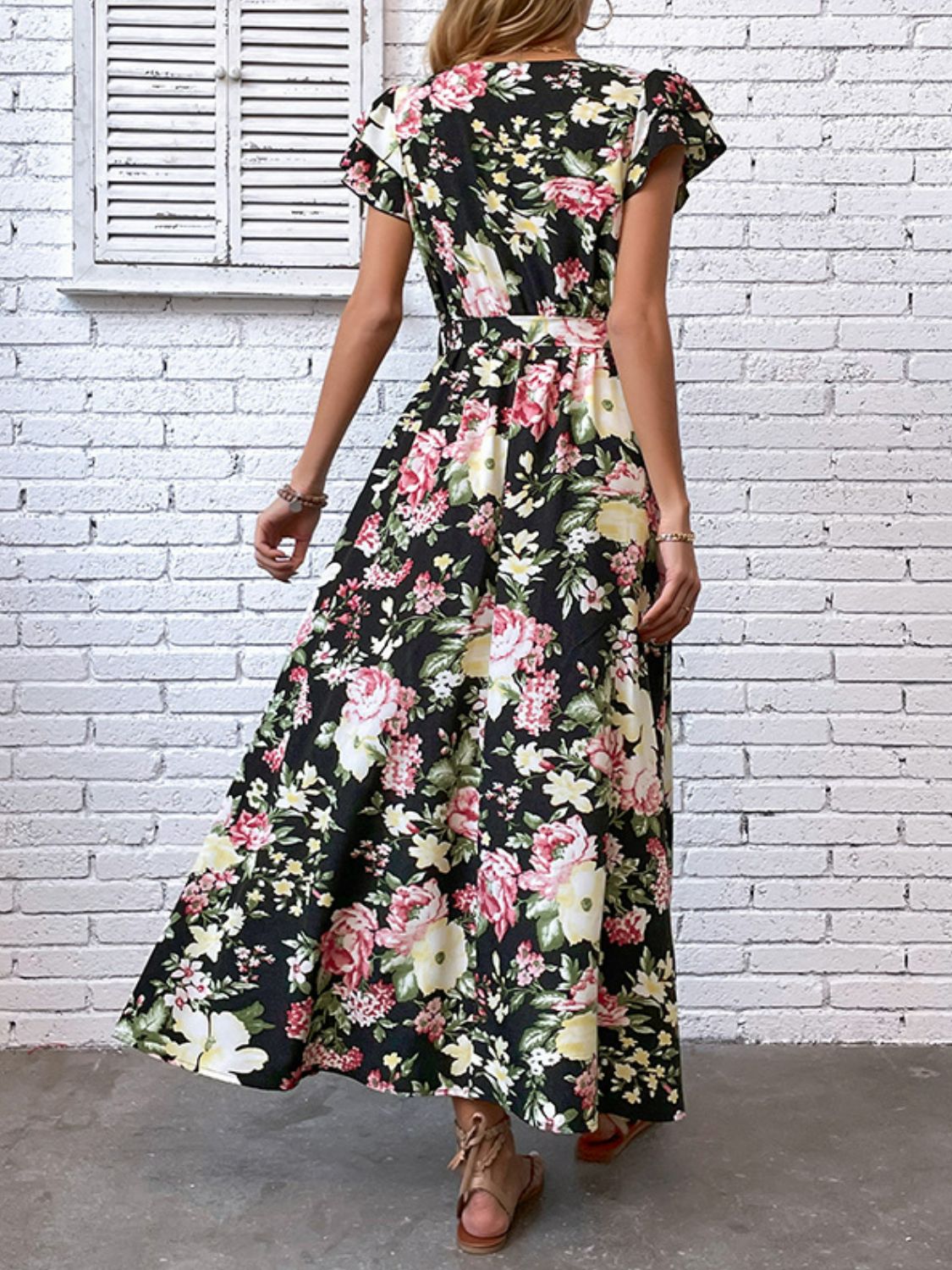 Floral Flutter Sleeve Tie-Waist Split Dress-Teresa&#39;s Fashionista LLC