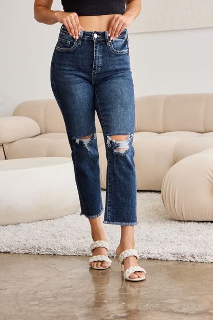 RFM Crop Dylan Full Size Tummy Control Distressed High Waist Raw Hem Jeans-Teresa&#39;s Fashionista LLC