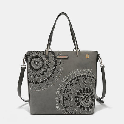 Nicole Lee USA Metallic Stitching Embroidery Inlaid Rhinestone Tote Bag-Teresa&#39;s Fashionista LLC