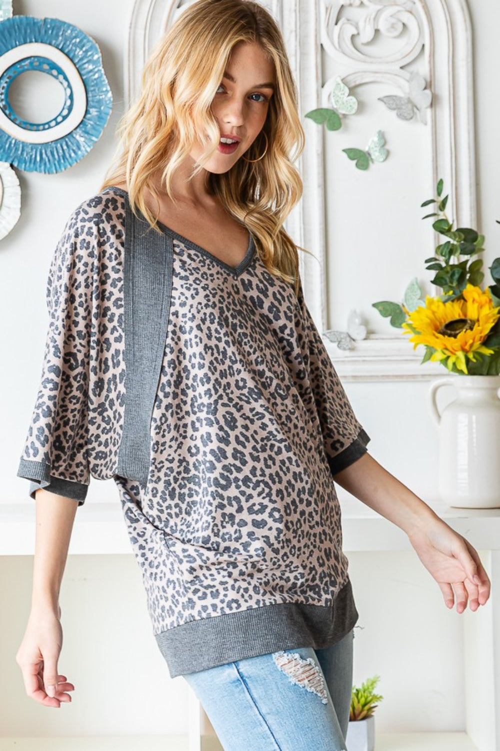 Heimish Full Size Leopard Contrast V-Neck Half Sleeve T-Shirt-Teresa&#39;s Fashionista LLC