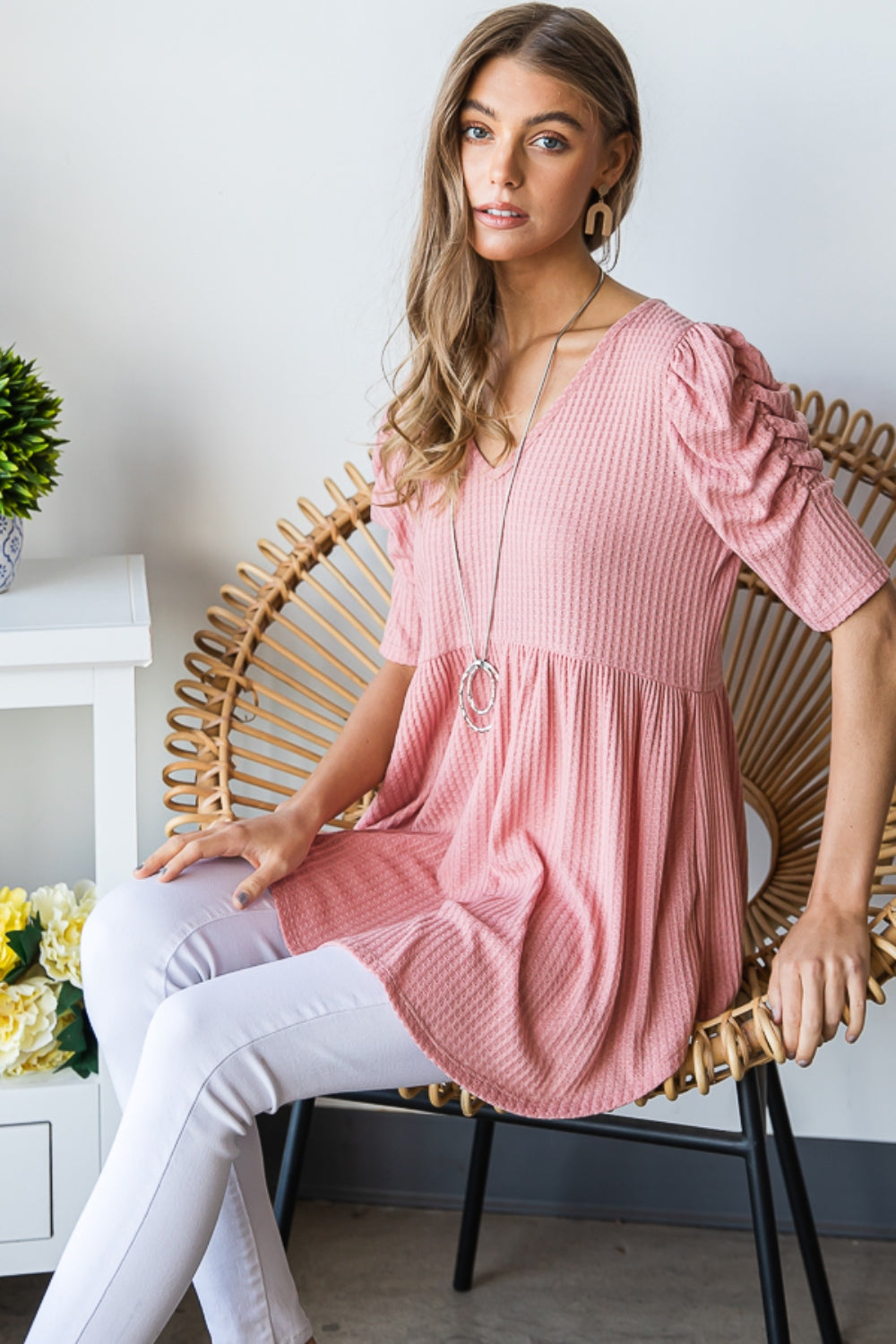 Heimish Full Size Waffle Knit V-Neck Babydoll Top-Teresa&#39;s Fashionista LLC