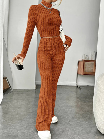 Ribbed Mock Neck Long Sleeve Top and Pants Set-Teresa&#39;s Fashionista LLC