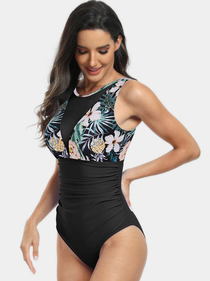 Cutout Printed Round Neck One-Piece Swimwear-Teresa&#39;s Fashionista LLC