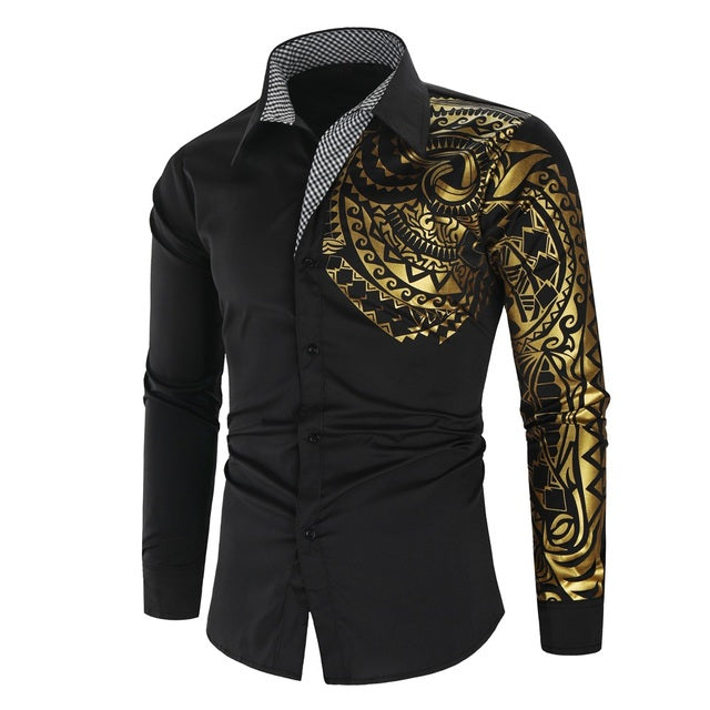 Luxury Gold Black Shirt Men New Slim Fit Long Sleeve-Teresa&#39;s Fashionista LLC