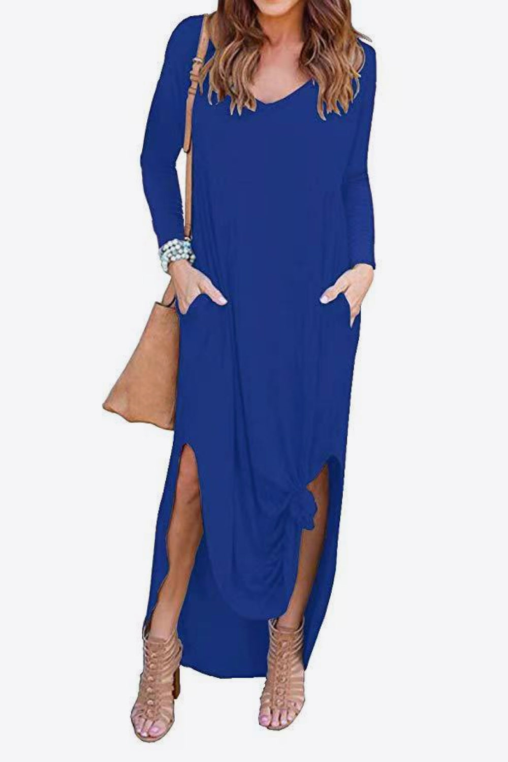 Split Long Sleeve V-Neck Maxi Dress-Teresa&#39;s Fashionista LLC