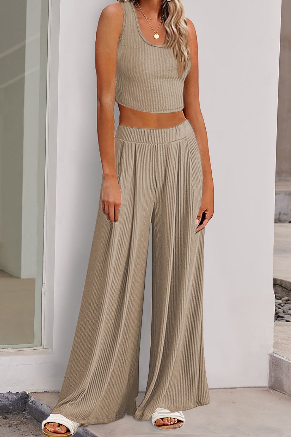 Scoop Neck Top and Wide Leg Pants Set-Teresa&#39;s Fashionista LLC