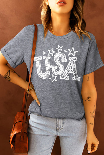 USA Star Graphic Round Neck Tee-Teresa&#39;s Fashionista LLC