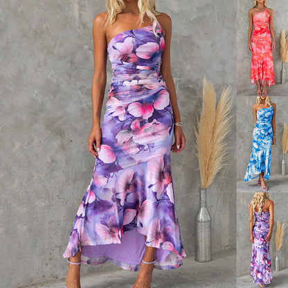 Flowers Print One-shoulder Dress Summer INS Casual Suspender Long Dresses Womens Clothing-Teresa&#39;s Fashionista LLC