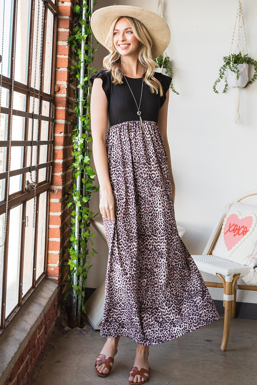 Leopard Print Round Neck Maxi Dress with Pockets-Teresa&#39;s Fashionista LLC