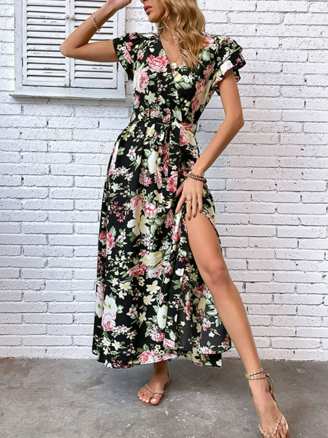 Floral Flutter Sleeve Tie-Waist Split Dress-Teresa&#39;s Fashionista LLC