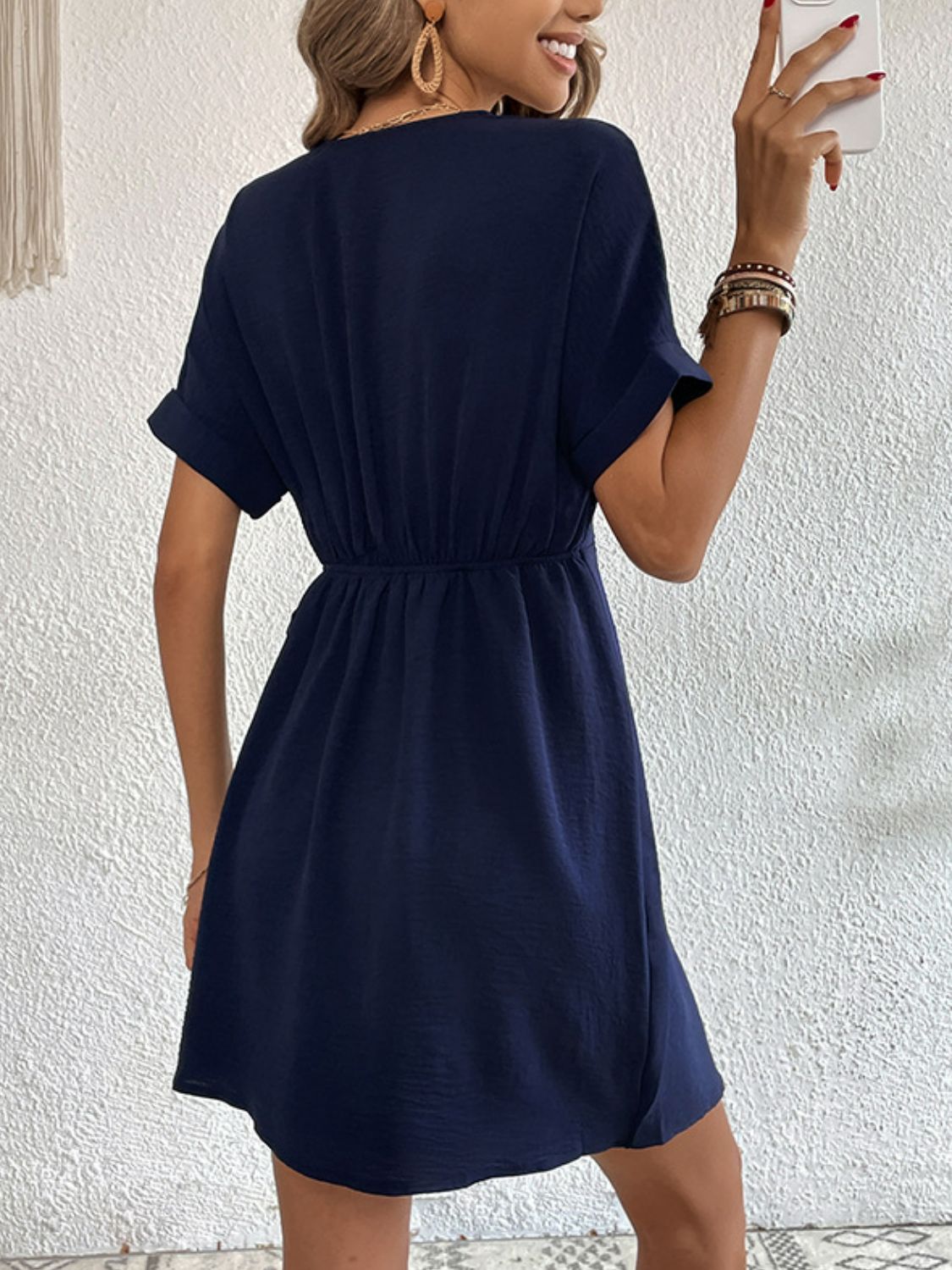 Tied Cuffed Sleeve Surplice Dress-Teresa&#39;s Fashionista LLC