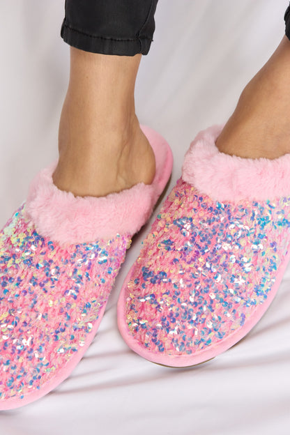 Forever Link Sequin Plush Round Toe Slippers-Teresa&#39;s Fashionista LLC