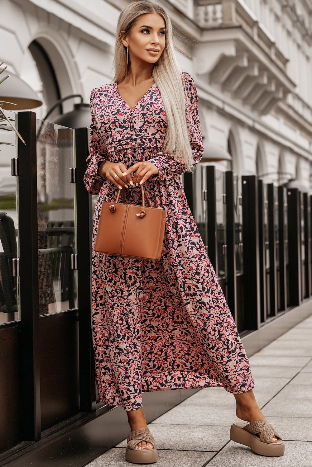 Printed V-Neck Long Sleeve Maxi Dress-Teresa&#39;s Fashionista LLC