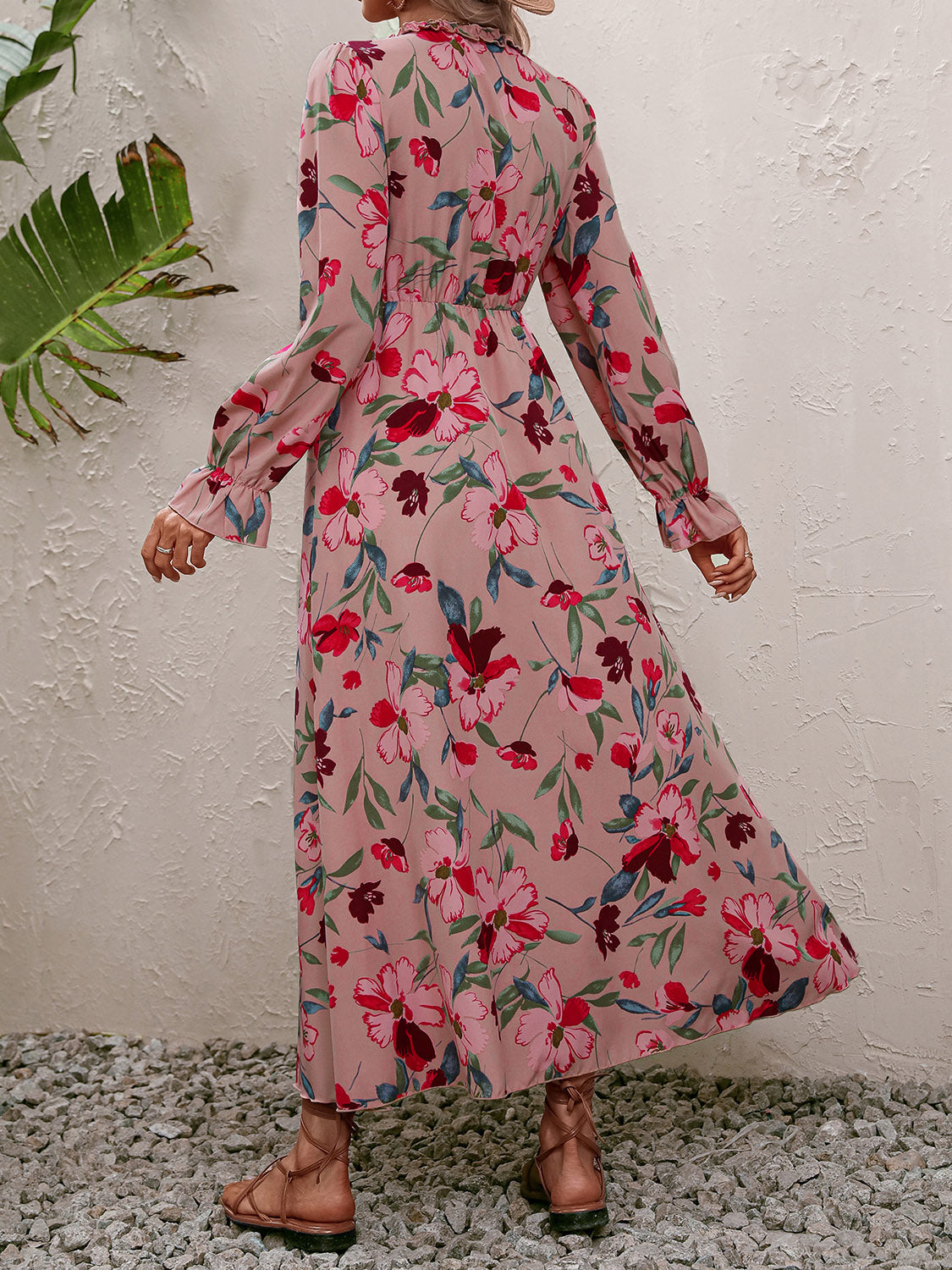 Floral Frill Trim V-Neck Maxi Dress-Teresa&#39;s Fashionista LLC