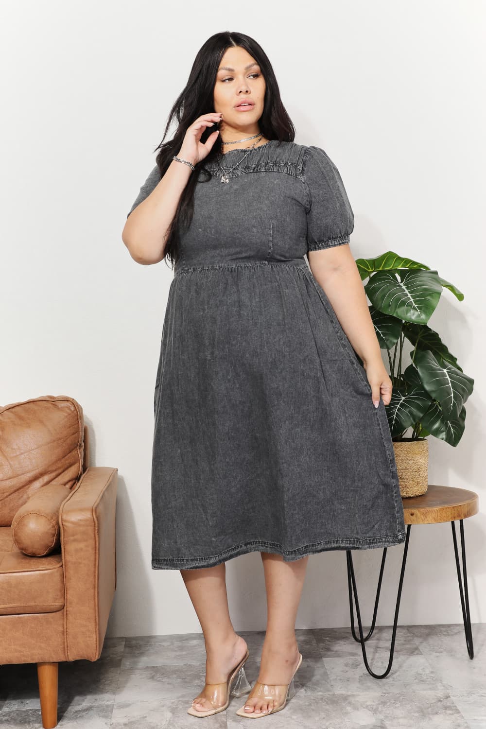 And The Why Full Size Washed Chambray Midi Dress-Teresa&#39;s Fashionista LLC