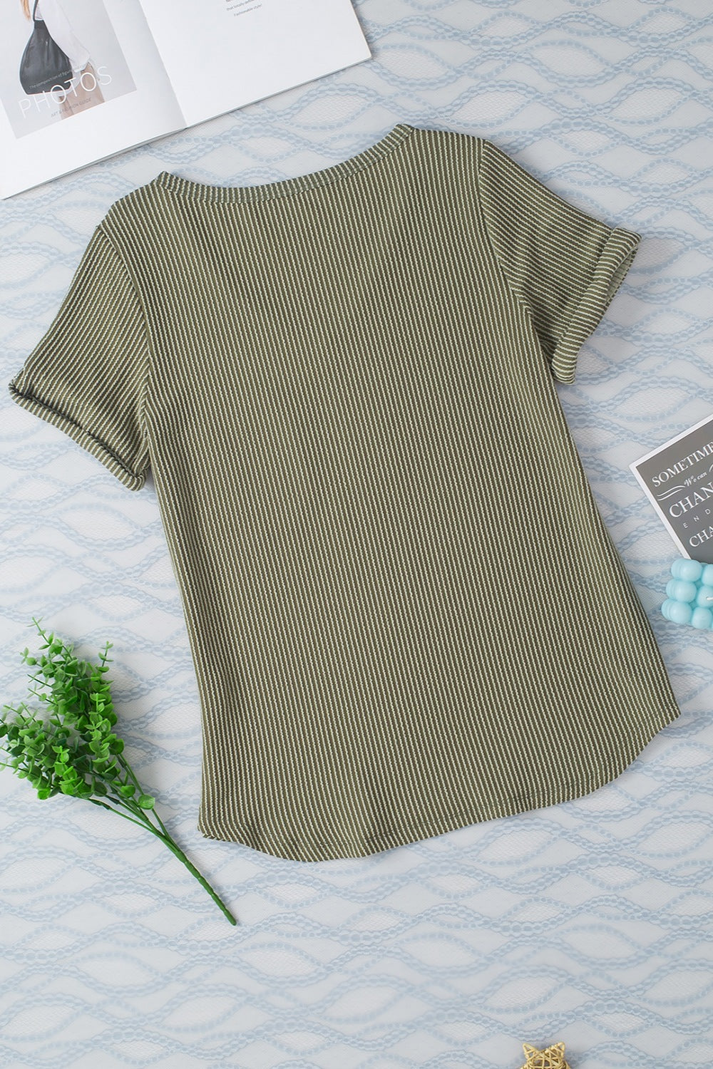 Striped V-Neck Short Sleeve T-Shirt-Teresa&#39;s Fashionista LLC