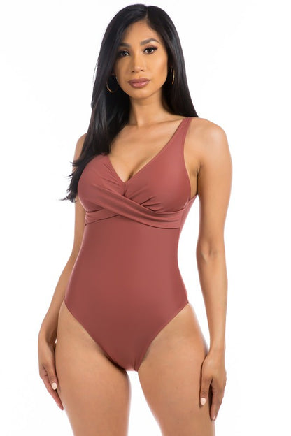 PLEATED CROSS GATHERING LOW V ONE PIECE-Teresa&#39;s Fashionista LLC