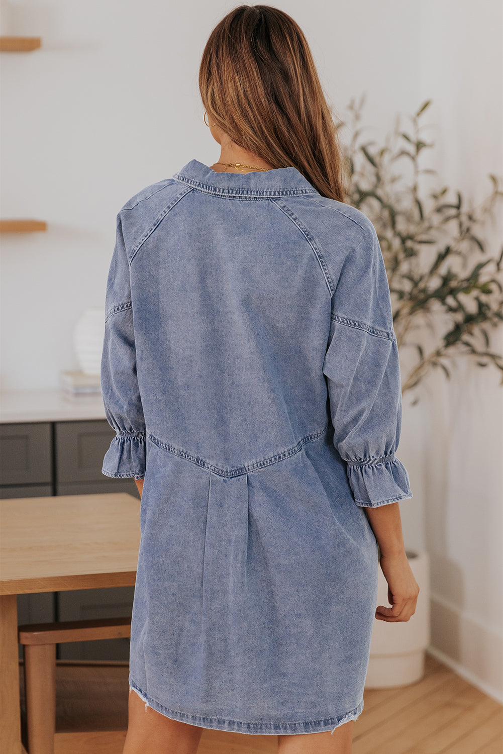 Collared Neck Flounce Sleeve Denim Mini Dress-Teresa&#39;s Fashionista LLC