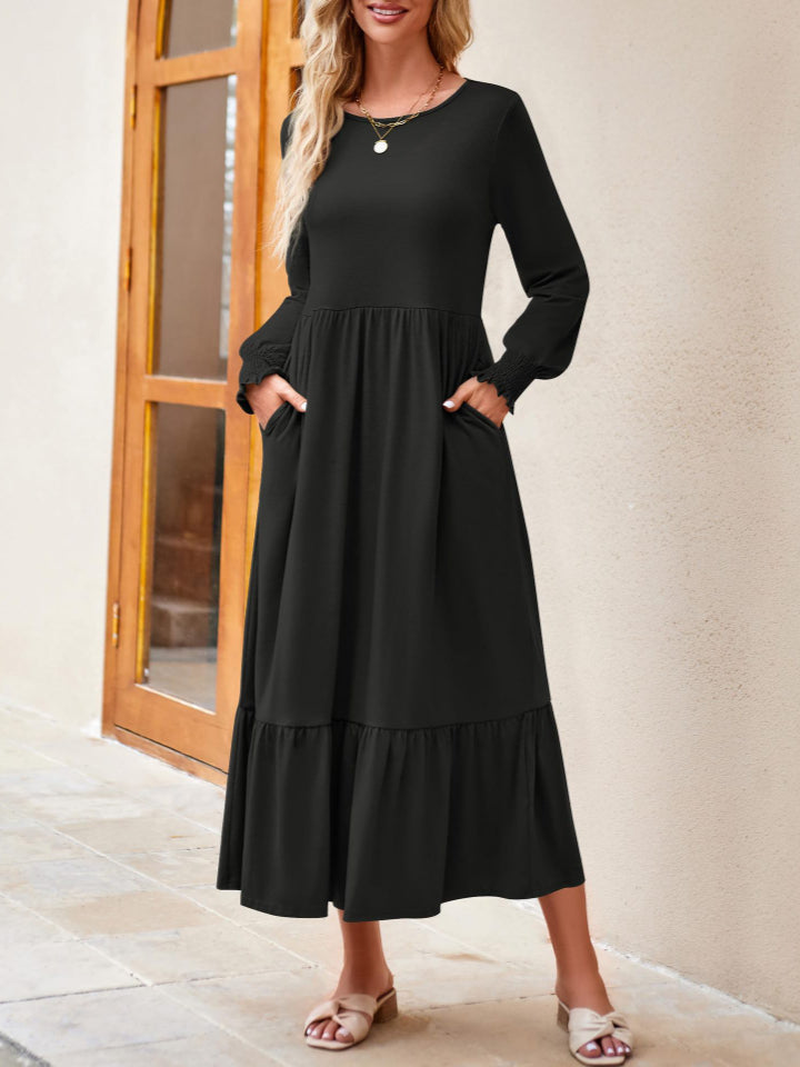 Round Neck Lantern Sleeve Ruffle Hem Dress-Teresa&#39;s Fashionista LLC