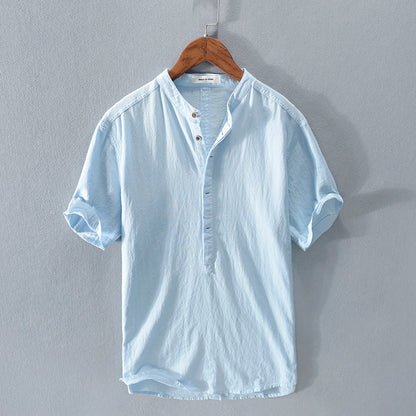 Men's Stand Collar Japanese Ice Silk Linen Short Sleeve T-shirt-Teresa&#39;s Fashionista LLC