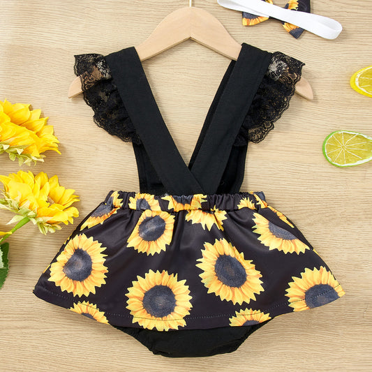 Sunflower Print Spliced Lace Bodysuit Dress - Teresa's Fashionista LLC