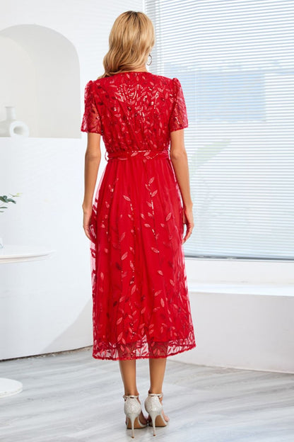 Sequin Leaf Embroidery Tie Front Short Sleeve Dress-Teresa&#39;s Fashionista LLC