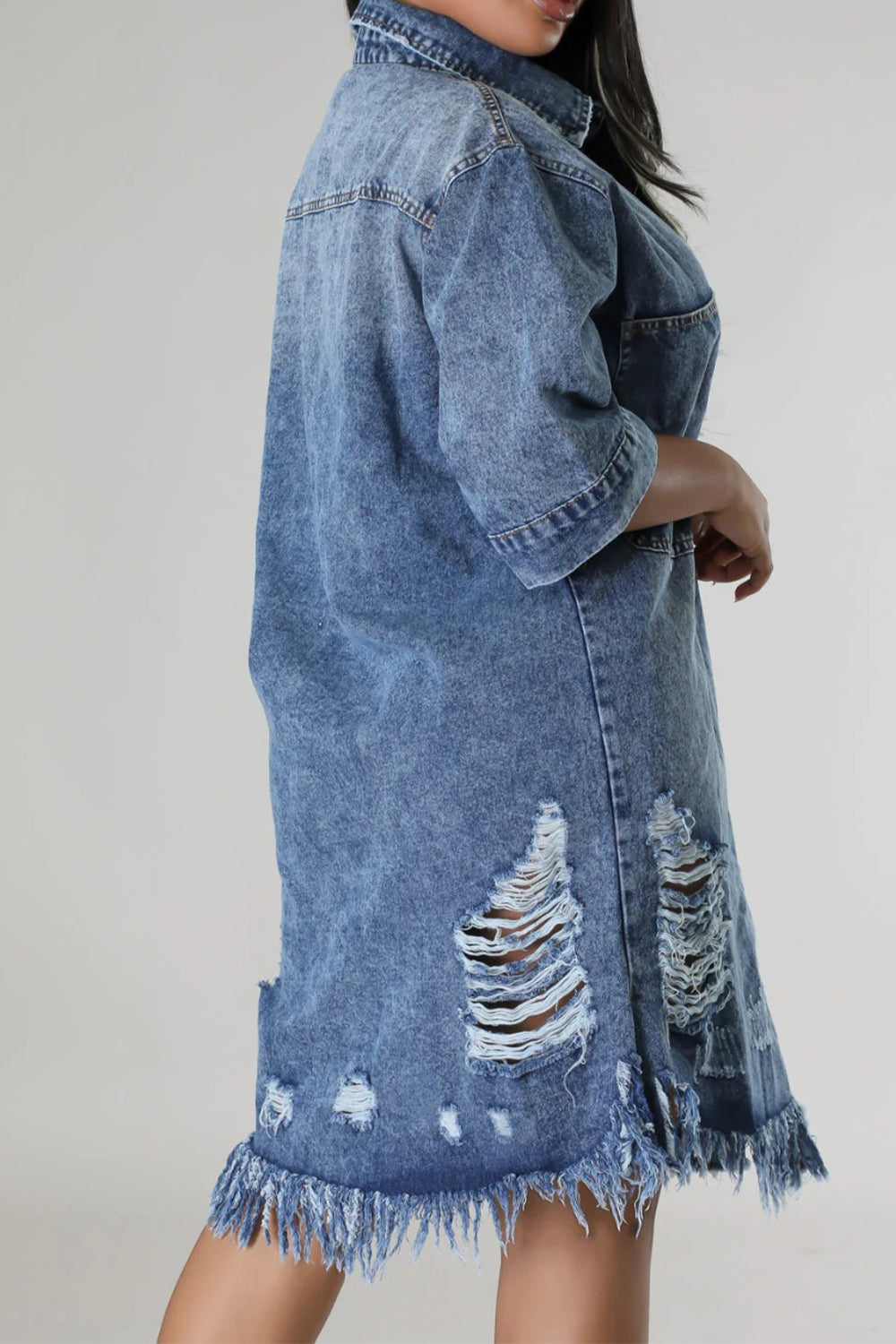 Distressed Raw Hem Button Up Denim Dress-Teresa&#39;s Fashionista LLC