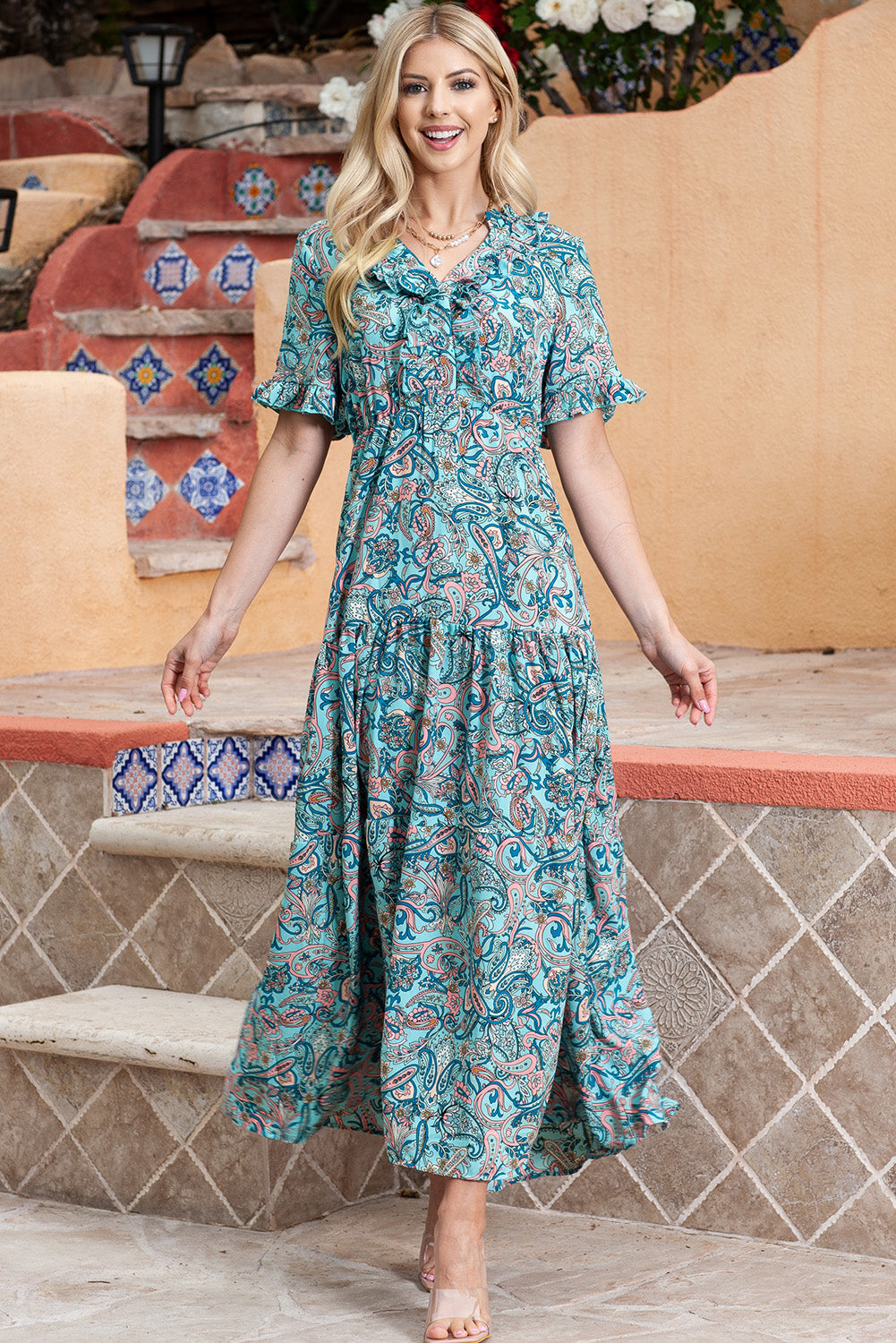 Paisley Print Flounce Sleeve Maxi Dress-Teresa&#39;s Fashionista LLC