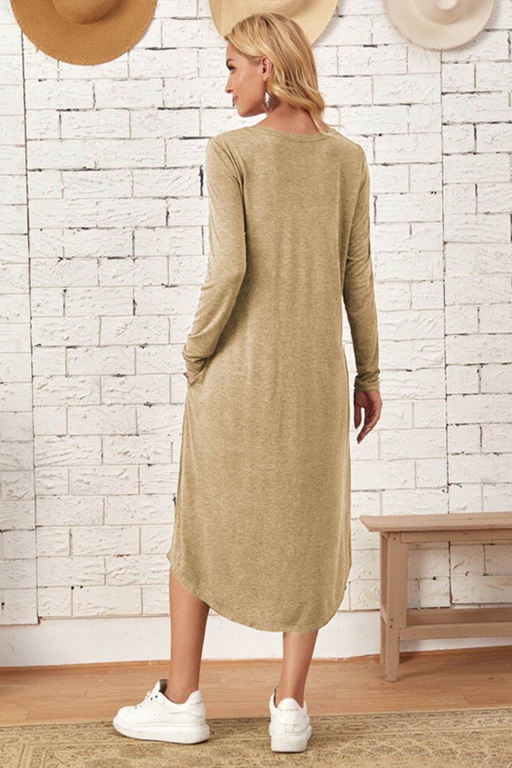 Pocketed Round Neck Long Sleeve Tee Dress-Teresa&#39;s Fashionista LLC