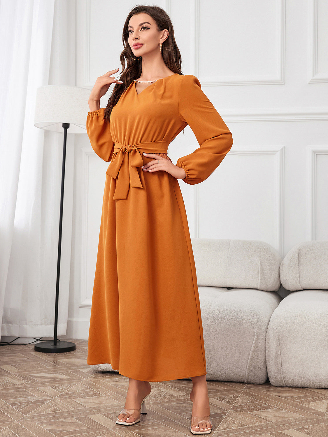 Tie Waist Puff Sleeve Maxi Dress-Teresa&#39;s Fashionista LLC