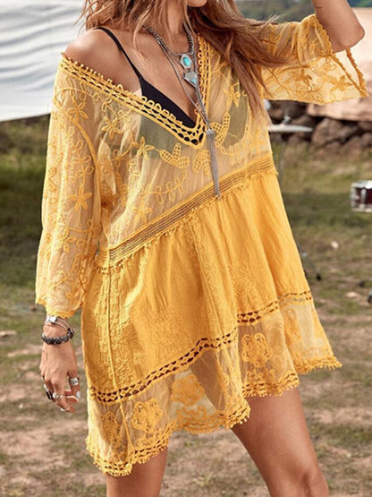 Lace Detail Plunge Cover-Up Dress-Teresa&#39;s Fashionista LLC