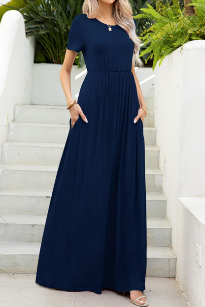 Round Neck Maxi Tee Dress with Pockets-Teresa&#39;s Fashionista LLC