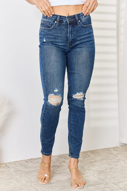 Judy Blue Full Size Mid Waist Distressed Slim Jeans-Teresa&#39;s Fashionista LLC