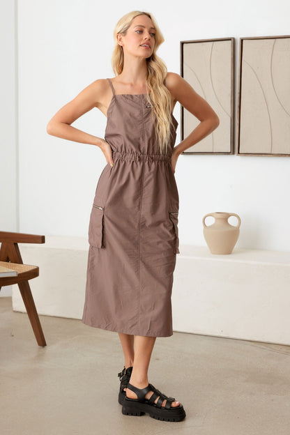 Tasha Apparel Adjustable Strap Waist Drawstring Cargo Midi Dress-Teresa&#39;s Fashionista LLC