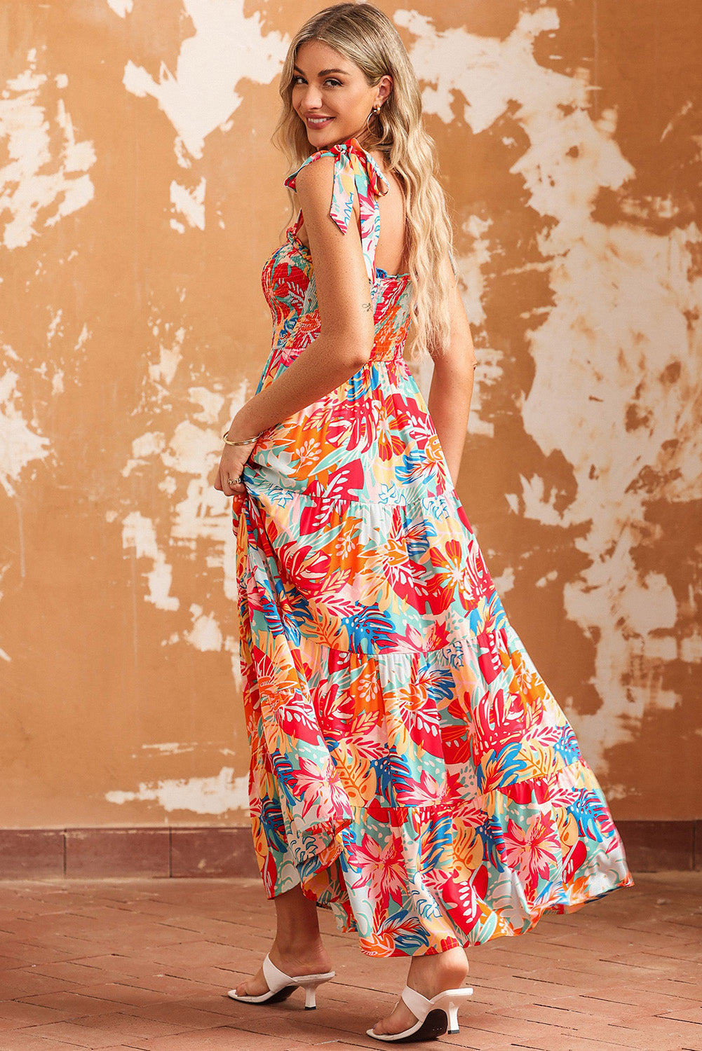 Printed Tie Shoulder Smocked Tiered Maxi Dress-Teresa&#39;s Fashionista LLC