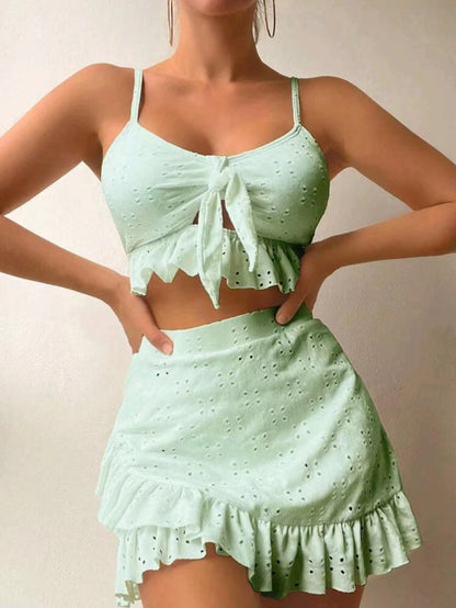 3pcs Beach Bikini With Hip-hugging Skirt Fashion Ruffle Design Swimsuit Set Summer Womens Clothing-Teresa&#39;s Fashionista LLC