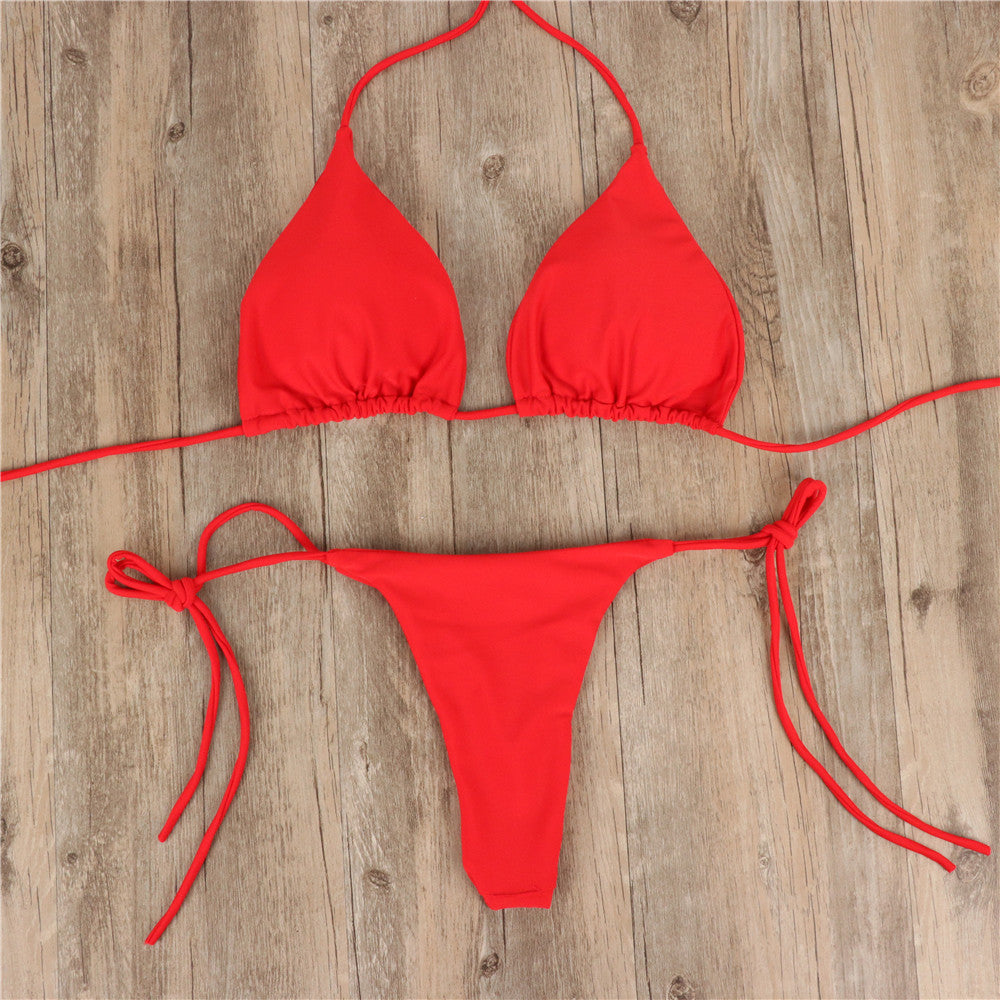 2pcs Halterneck Lace-up Bikini Women Summer Solid Color Sexy Split Strap Adjustable Swimsuit Suit-Teresa&#39;s Fashionista LLC