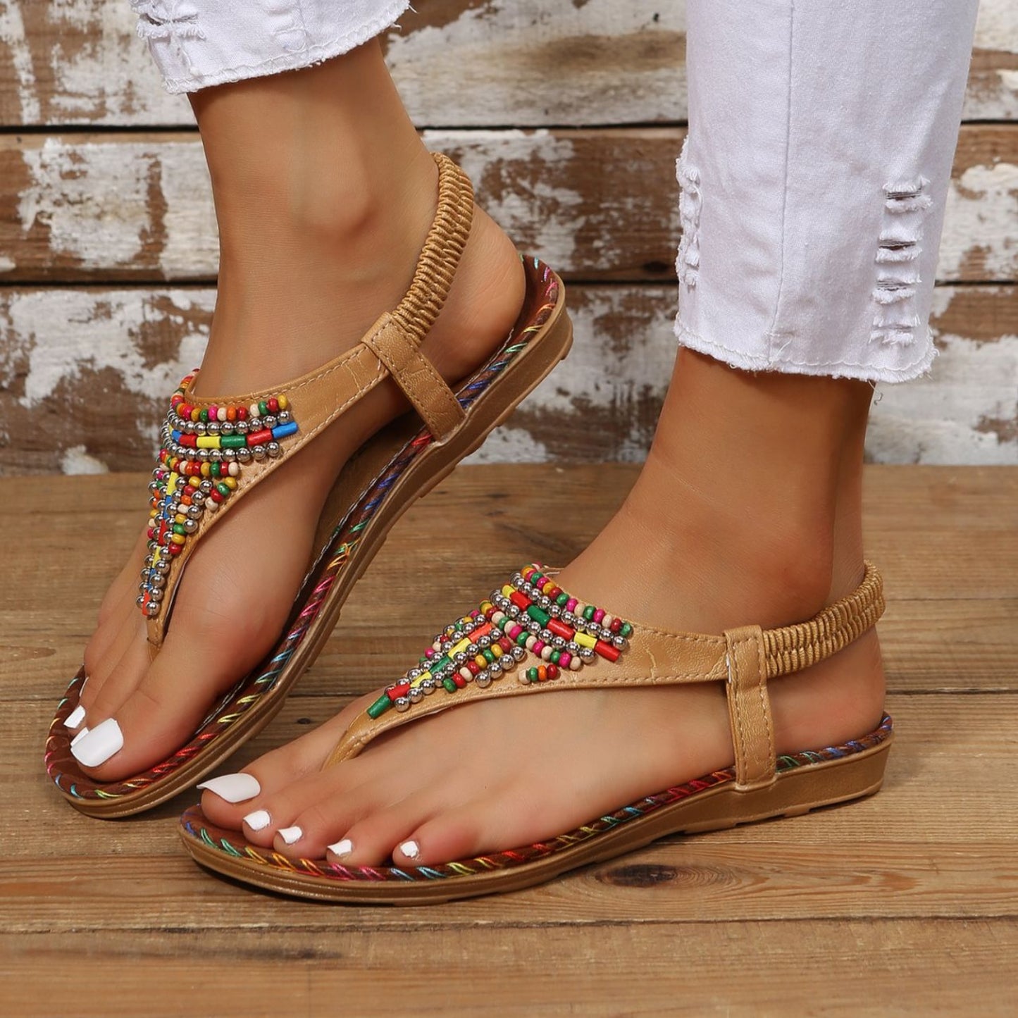 Beaded PU Leather Open Toe Sandals-Teresa&#39;s Fashionista LLC