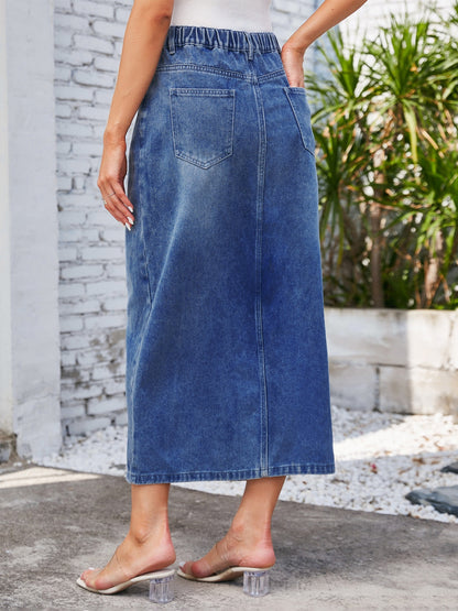 Slit Midi Denim Skirt with Pockets-Teresa&#39;s Fashionista LLC