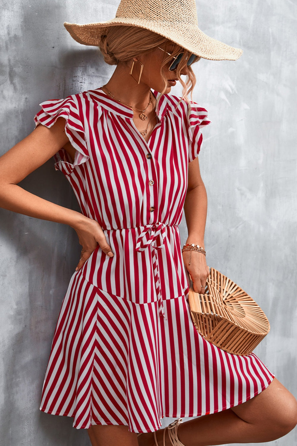 Ruffled Striped Cap Sleeve Mini Dress-Teresa&#39;s Fashionista LLC