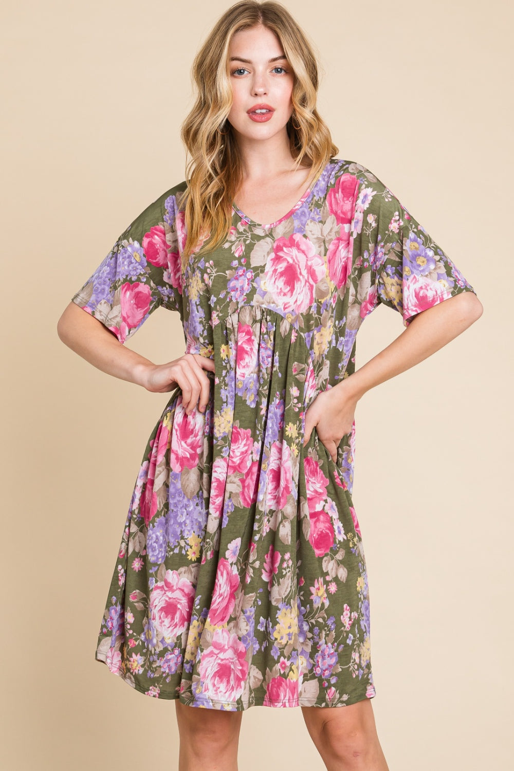 BOMBOM Flower Print V-Neck Ruched Dress-Teresa&#39;s Fashionista LLC