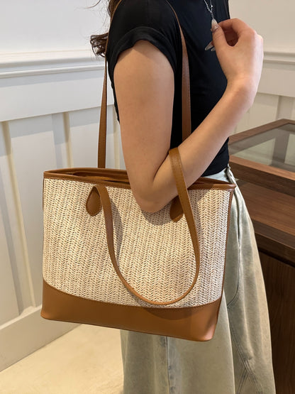 Contrast Straw Woven Tote Bag-Teresa&#39;s Fashionista LLC