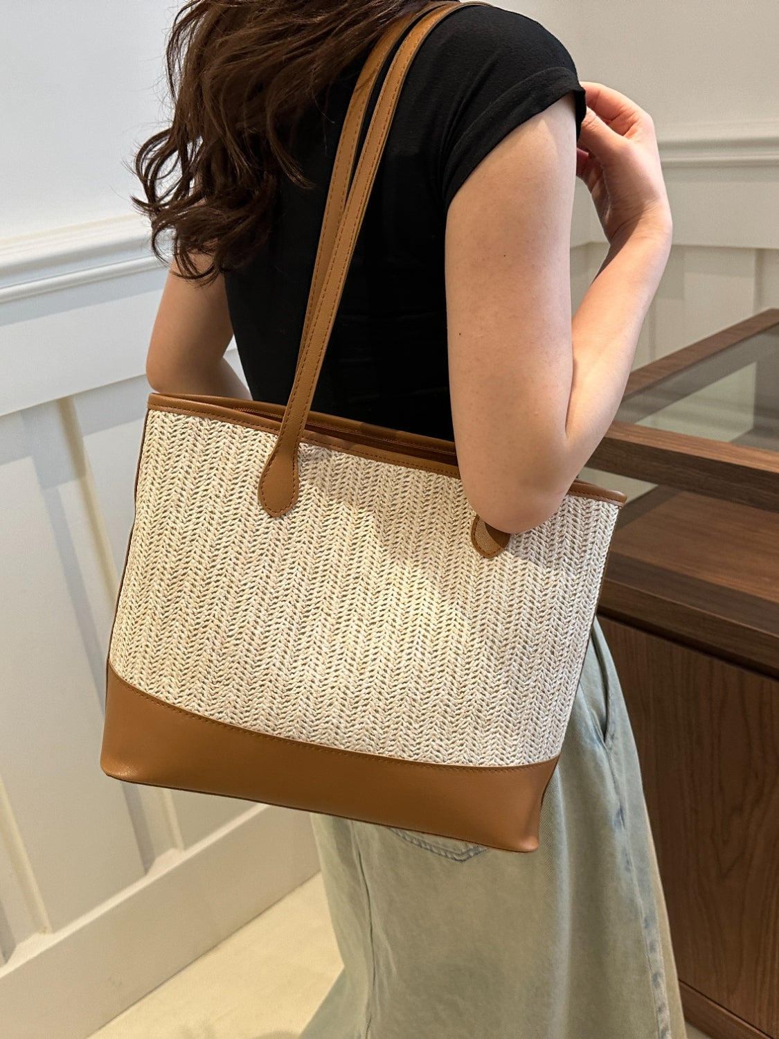 Contrast Straw Woven Tote Bag-Teresa&#39;s Fashionista LLC